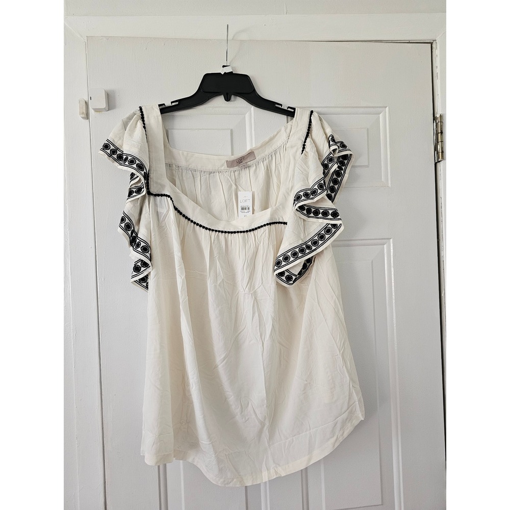 LOFT Blouse Women 22 Plus White NEW Flutter Sleeve Embroidered Boho Square Neck